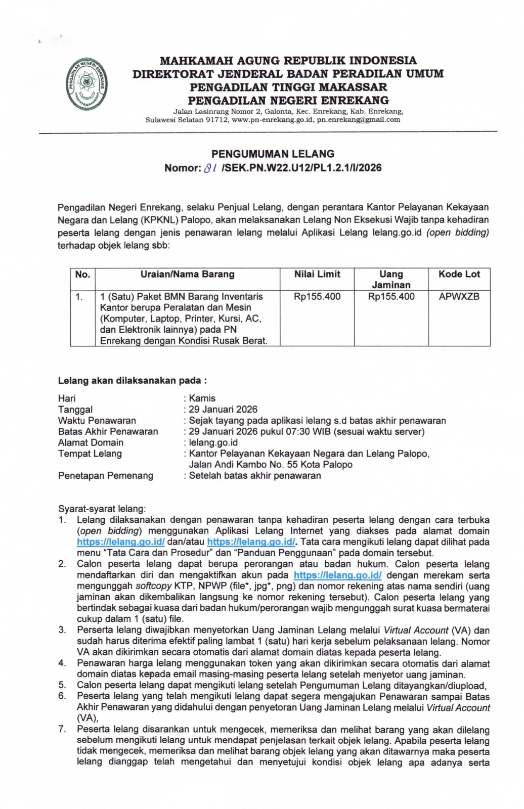 Pengumuman Lelang Non Eksekusi Wajib BMN NO : 81/SEK.PN.W22.U12/PL1.2.1/I/2026