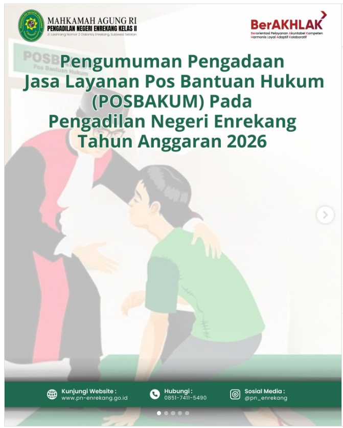 Pengumuman Pengadaan Jasa Layanan Pos Bantuan Hukum (POSBAKUM) Pada Pengadilan Negeri Enrekang Tahun Anggaran 2026 (Penetapan)
